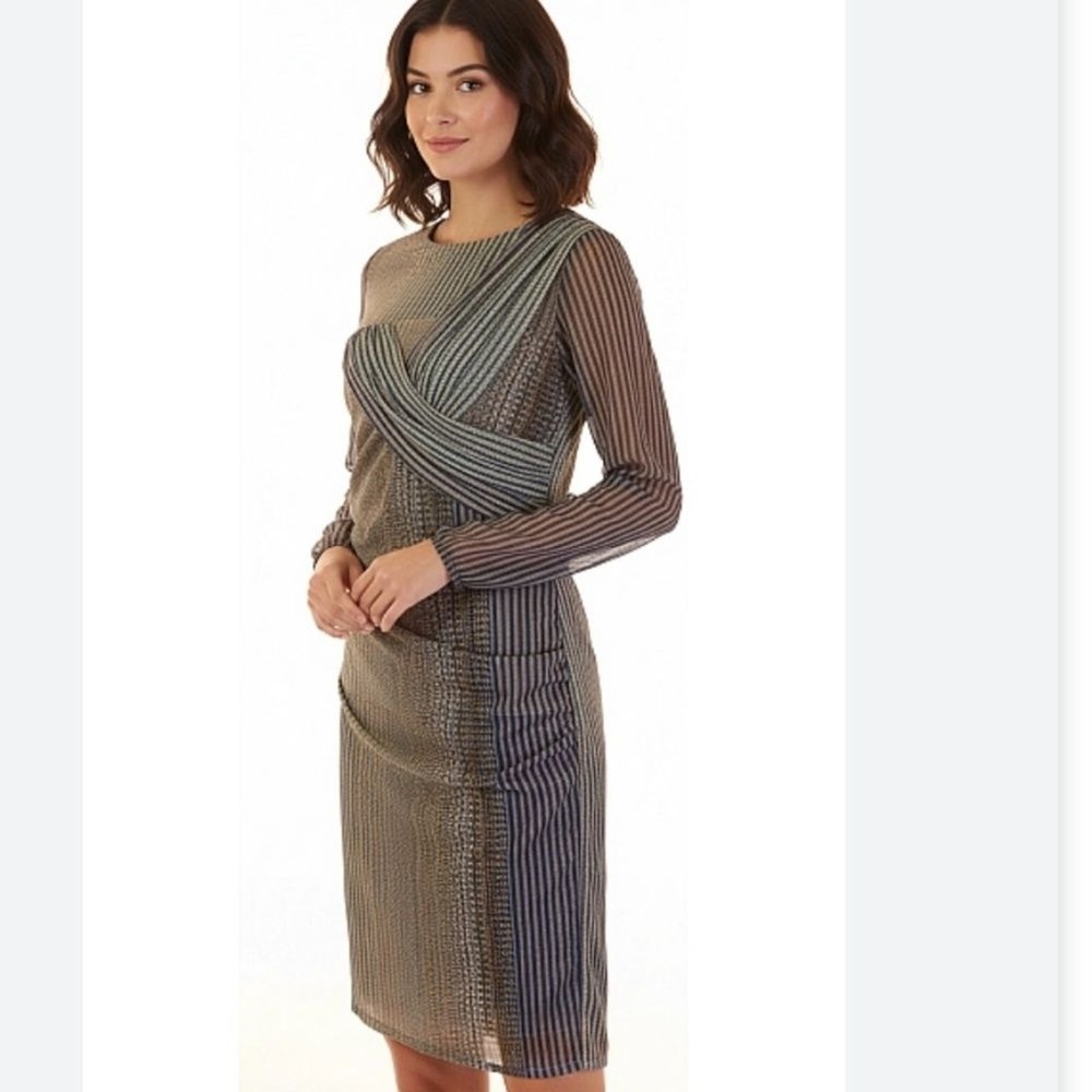 Reiss Beulah Draped Ruched Chiffon Dress Blue Gray Long Sleeve US 2